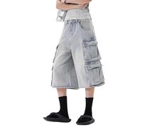 Lafaguw Jean court pour femme et homme - Taille haute - Jambe large - Baggy Jorts Y2K - Style décontracté - Vêtements d'été courts et grunge., Bleu 4, Large Court