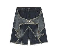 Lafaguw Jorts Jeans pour femme et homme Motif étoile Patchwork Taille haute Jambe large Style gothique Streetwear Vêtements d'été, bleu, Large