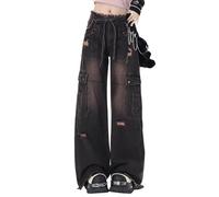 Lafaguw Pantalon Cargo Femme Taille Basse Large Jean Poche Jambe Large décontracté Tendance Streetwear Grunge Emo vêtements, Noir 5, S