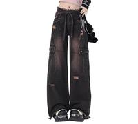 Lafaguw Pantalon cargo femme taille basse large jean poche jambe large décontracté tendance streetwear grunge emo vêtements, Noir 5, S