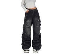 Lafaguw Pantalon cargo pour femme, taille basse, ample, avec poche, jambe large, décontracté, tendance, streetwear, tenues grunge emo, noir 1, XX-Large