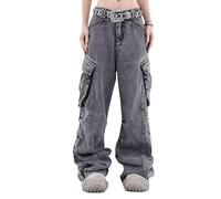 Lafaguw Pantalon cargo pour femme - Taille basse - Baggy - Poche - Jambe large - Décontracté - Tendance - Streetwear Grunge Emo, Gris 3, L