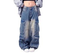 Lafaguw Pantalon Cargo pour Femme - Taille Basse - Baggy - Poche - Jambe Large - Décontracté - Tendance - Streetwear Grunge Emo, Bleu 6, Taille XL
