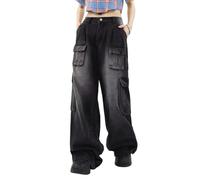 Lafaguw Pantalon Cargo pour Femme - Taille Basse - Baggy - Poche - Jambe Large - Décontracté - Tendance - Streetwear Grunge Emo, Noir 7, Taille L