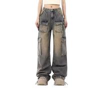 Lafaguw Pantalon cargo pour femme - Taille basse - Baggy - Poche Y2K - Jambe large - Décontracté - Tendance - Streetwear Grunge Emo, bleu 2, Taille XS