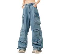 Lafaguw Pantalon cargo pour femme - Taille basse - Baggy - Poche Y2K - Jambe large - Décontracté - Tendance - Streetwear Grunge Emo, Bleu 4, X-Small