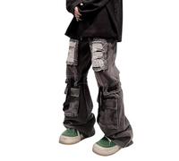 Lafaguw Pantalon cargo pour homme - Jean baggy déchiré Y2K - Taille élastique - Jambe droite - Style vintage des années 90 - Streetwear - Grunge, noir 1, XL