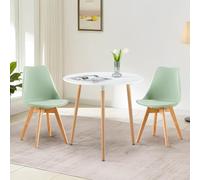 LaFeuR Ensemble de salle à manger avec 2 chaises ronde de 80 cm et 2 scandinaves pour salon, bureau, cuisine (table blanche + 2 chaises vertes glacées)