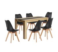 LafeuR Ensemble de salle à manger rectangulaire en chêne - Table de 140 cm + 6 chaises noires ergonomiques