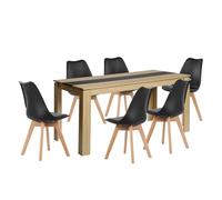 LafeuR Ensemble de salle à manger rectangulaire en chêne - Table de 160 cm + 6 chaises noires ergonomiques