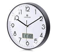 Lafocuse 30cm Horloge Murale Calendrier LCD avec Date Thermomètre, Moderne Silencieuse Pendule Murale Noir, sans Tic-tac Déco pour Salon Chambre Bureau Cuisine