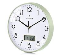 Lafocuse 30cm Horloge Murale Calendrier LCD avec Date Thermomètre, Moderne Silencieuse Pendule Murale Vert, sans Tic-tac Déco pour Salon Chambre Bureau Cuisine