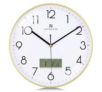 Lafocuse 30cm Horloge Murale Calendrier LCD avec Date Thermomètre, Moderne Silencieuse Pendule Murale Or, sans Tic-tac Déco pour Salon Chambre Bureau Cuisine