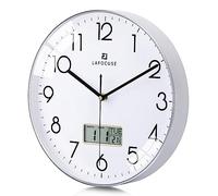 Lafocuse 30cm Horloge Murale Calendrier LCD avec Date Thermomètre, Moderne Silencieuse Pendule Murale Argent, sans Tic-tac Déco pour Salon Chambre Bureau Cuisine