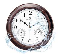 Lafocuse 30cm Horloge Murale Exterieure Etanche avec Thermomètre et Hygromètre, Vintage Acajou Pendule Murale Retro, Silencieuse Shabby Chic Deco pour Extérieur, Jardin, Balcon, Salle de Bain, Cuisine