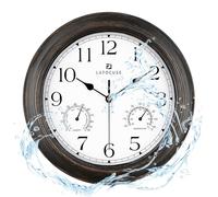 Lafocuse 30cm Horloge Murale Exterieure Etanche avec Thermomètre et Hygromètre, Vintage Marron Pendule Murale Retro, Silencieuse Shabby Chic Deco pour Extérieur, Jardin, Balcon, Salle de Bain, Cuisine