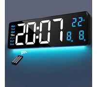 Lafocuse Grande 16" Horloge Murale Numérique LED Bleu, avec Veilleuse 9 Couleurs RVB, Télécommande, Double Alarme, Luminosité Automatique, Température, Date, 12/24 Heures, pour Salon Cuisine Bureau