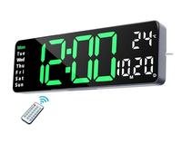 Lafocuse Horloge Numérique Murale LED, Digitale Grande Affichage 32cm avec Télécommande, Température, Date, Jour, 2 Alarmes, 12/24H, Luminosité Réglable Pendule Murale pour Salon Cuisine Bureau, Vert