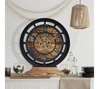 Lafocuse Pendule de Bureau avec Engrenages Mobiles, Bois Industrielle Vintage Steampunk Noire, Transformable en Horloge Murale, Retro Chiffres Romains pour Etagère Table Salon Bar 29cm