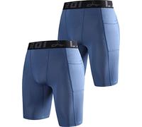 LAFROI Men's 2-Pack Quick Dry Cool Compression Fit Tights Shorts Waistband -YSK09 Pocket Grayish Blue Size MD