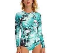 LafyKoly Maillot de Bain à Manches Longues pour Femme - Protection UV - Imprimé - Vert et Feuilles - Taille S