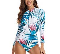 LafyKoly Maillot de bain une pièce à manches longues pour femme - Protection UV - Imprimé surf, Blanc et feuilles, Taille M