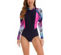 LafyKoly Maillot de bain une pièce à manches longues pour femme - Protection UV - Imprimé surf, Bleu marine, rose et feuilles, Taille L
