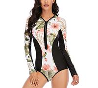 LafyKoly Maillot de bain une pièce à manches longues pour femme - Protection UV - Imprimé surf, Noir et blanc et fleur, Taille L