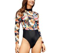 LafyKoly Maillot de bain une pièce à manches longues pour femme - Protection UV - Imprimé surf, Noir et fleur, Taille L