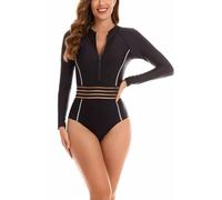 LafyKoly Maillot de bain une pièce à manches longues pour femme - Protection UV - Imprimé surf, Noir et rayures 2, Taille XL