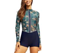 LafyKoly Maillot de bain une pièce à manches longues pour femme - Protection UV - Imprimé surf, Vert foncé., Taille S