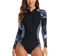 LafyKoly Maillot de bain une pièce à manches longues pour femme Protection UV, Noir, bleu et rose., Taille M