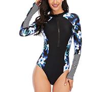 LafyKoly Maillot de bain une pièce à manches longues pour femme Protection UV, Noir et blanc et floral, Taille XL