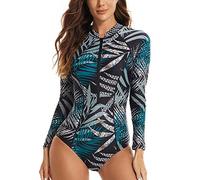 LafyKoly Maillot de bain une pièce à manches longues pour femme Protection UV, Noir et gris et feuilles, Taille L