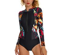 LafyKoly Maillot de bain une pièce à manches longues pour femme Protection UV, Noir, rouge et jaune., Taille M