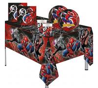 Lage Ensemble de Vaisselle de Fête Spiderman Team Up, Kit Décorations Anniversaire à Thème Super héros - Couverts Jetables pour 8 Invités avec 8 Assiettes, 8 Gobelets, 20 Serviettes, 1 Nappe