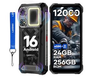 LAGENIO Rhino 1 Pro Telephone Incassable, Android 16 Téléphone de Chantier, 12000mAh/33W avec Lampe de Camping, 24Go+256Go/1To, Écran 6,9" HD+120Hz, 130dB Haut-Parleurs Stéréo Doubles, 4G/NFC/eSIM