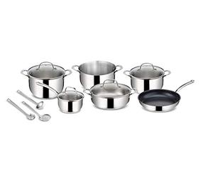 Lagostina Evelia Batterie de Cuisine en Acier Inoxydable 18/10 pour Induction, Gaz et Four, 13 Pièces, 4 Marmites, Casserole, Poêle Antiadhésive, Louche, Écumoire, Cuillère à Spaghetti, 4 Couvercles