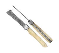 Laguiole Artisan Élégance 3723 DAMAS - Greffoir élégance 10 cm - Poignée pliante en os Camel - Couteau de poche en acier Damascus forgé à la main - Acier au carbone, Os