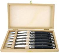 Laguiole Classique Set de Couteaux à Steak - 6 pièces - Lame en acier inoxydable 2.5mm - Noir - Boîte en hêtre incluse
