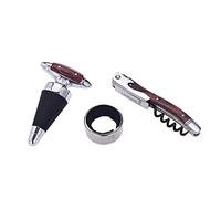 Coffret Sommelier - Set de 3 Accessoires: Élégant Bouchon Stopper Bois et Métal, Sommelier 3 Fonctions Bois et Métal - Collier Anti-goutte Métal - Coffret Cadeau Cartonné Gris, Marron G