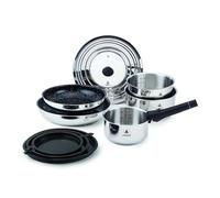 LAGUIOLE, Set de cuisine 10 pièces en acier inoxydable avec revêtement céramique antiadhésif, compatible induction, poignée amovible, 3 casseroles et 2 poêles, Argent