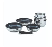 LAGUIOLE, Set de cuisine 7 pièces en acier inoxydable avec revêtement céramique antiadhésif, poignée amovible, compatible induction, dimensions variées, 3 Casseroles + 3 Poêles, Argent