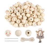 lahnao 120 Pièces Perle Bois Visage, Perles en Bois avec Visage, with 5m Wax Wire and Leader, Perle en Bois avec Visage for DIY Bracelets, Necklaces
