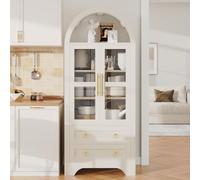Lahoomu Buffet Haut, Armoire de Cuisine éclairage LED, 76,2 x 40 x 180 cm | Blanc | MDF et verre | portes vitrées | tiroirs pratiques | étagères réglables | grand espace de rangement