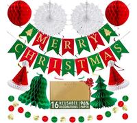 LAIBUY Lot de décorations de Noël réutilisables de qualité supérieure - Décorations de Noël d'intérieur vintage, bannière Merry Christmas et papier nid d'abeille à suspendre pour la maison ou le