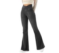 LaiEr Bootcut Jeans Femme V-Crossover Taille Haute Contrôle du Ventre Fit Pantalons de Legging Yoga,Tissu en Jean Souple à Haute élasticité,Pantalon de Fitness à Coupe stéréoscopique.Gris foncé,L