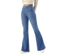 LaiEr Bootcut Jeans Femme V-Crossover Taille Haute Contrôle du Ventre Fit Pantalons de Legging Yoga,Tissu en Jean Souple à Haute élasticité,Pantalon de Fitness à Coupe stéréoscopique.Bleu Moyen,XL