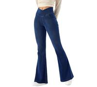LaiEr Bootcut Jeans Femme V-Crossover Taille Haute Contrôle du Ventre Fit Pantalons de Legging Yoga,Tissu en Jean Souple à Haute élasticité,Pantalon de Fitness à Coupe stéréoscopique.Bleu foncé,S