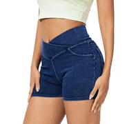 LaiEr Femme Jeans Shorts V Cross Taille Haute Flip Control Casual Fitness Slim,idéal pour Les Exercices de Yoga de Gymnastique Sportive,Élégant et Décontracté Match.(Bleu Foncé,XS)